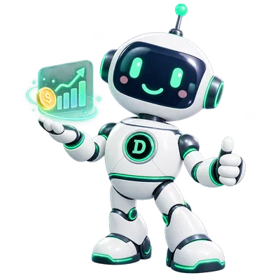 Dyno, robô branco com detalhes verdes, segurando um gráfico de finanças